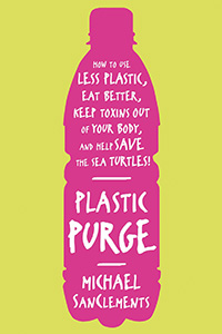 Book Cover: Plastic Purge. A plastic bottle silhouette with text in it.